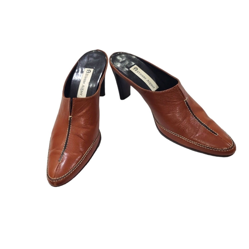 EUC Etienne Aigner Cavalier Women's Leather Brown Heel Mules Slip On 8N